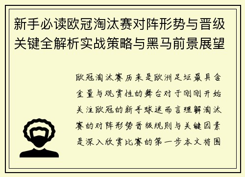 新手必读欧冠淘汰赛对阵形势与晋级关键全解析实战策略与黑马前景展望 新手必读欧冠淘汰赛对阵形势与晋级关键全解析实战策略与黑马前景展望